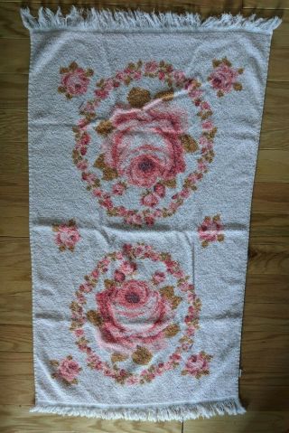 2 Vintage Bath Towels Pink With Red Roses Floral Fringe Cotton,  Loop Yarn Usa