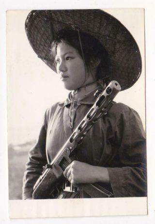 Chinese Militia Girl Photo Ppsh - 41 Submachine Gun China Cultural Revolution 4x6