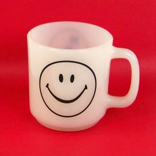 Glasbake Smiley Face Happy Mug White Milk Glass Dated 2 - 23 - 81 Advertising Hdc
