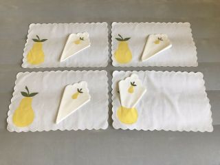 4 Vintage Linen Embroidered Placemats And Napkins Set Yellow Pears