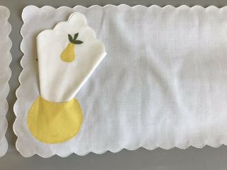 4 Vintage Linen Embroidered Placemats And Napkins Set Yellow Pears 3