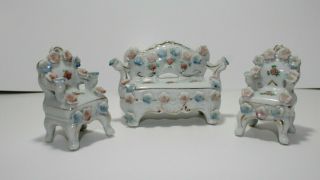 Vintage Set Of 3 Matching White Floral Couch,  2 Chairs Figurines Occupied Japan