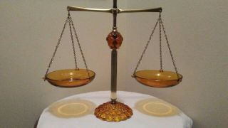 Vintage Mid Century Amber Glass & Brass Decorative Scales Of Justice Balance