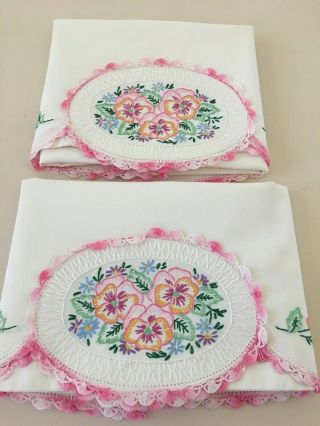 Vintage Pillowcases Embroidered Pansies With Lace Edging - Gorgeous