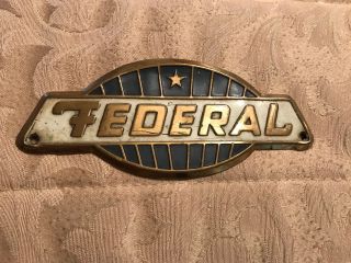Old Stamped Brass Emblem / Tag,  " Federal " Blue & White,  2 1/4 " X 5 1/2 "