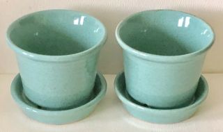 Vintage 1950s Mcm Turquoise Small Flower Pot Morton Usa Stoneware Pottery Pair 2
