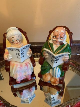 Vintage Lefton Porcelain Grandma 4293 And Grandpa 4266 Retirement Fun Banks