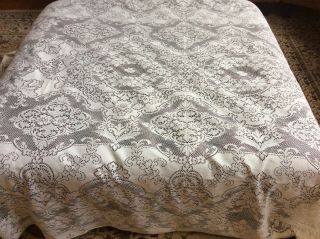 Vintage Ivory Off White Machine Lace Tablecloth Rectangle Floral 70” X 112” Euc