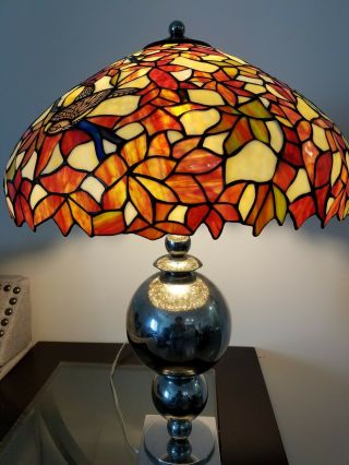 Large TIFFANY STYLE LAMP SHADE Plastic Metal Bird Flowers Faux Stained Glass 2