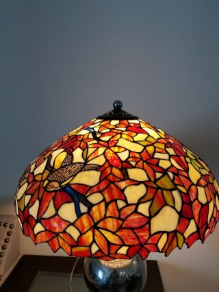 Large TIFFANY STYLE LAMP SHADE Plastic Metal Bird Flowers Faux Stained Glass 3