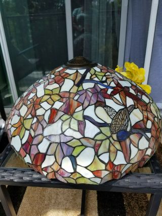 Large TIFFANY STYLE LAMP SHADE Plastic Metal Bird Flowers Faux Stained Glass 5