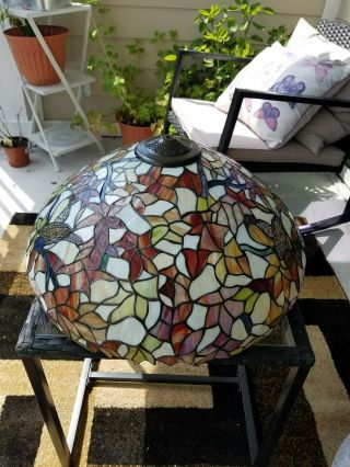 Large TIFFANY STYLE LAMP SHADE Plastic Metal Bird Flowers Faux Stained Glass 6