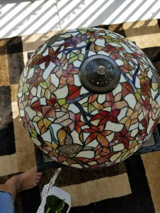 Large TIFFANY STYLE LAMP SHADE Plastic Metal Bird Flowers Faux Stained Glass 7