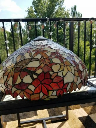 Large TIFFANY STYLE LAMP SHADE Plastic Metal Bird Flowers Faux Stained Glass 8