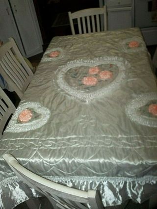 Vtg Satin Quilted 3d Pink Flowers Hearts Bedspread Coverlet Ruffled Twin Full