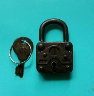 Old Antique Iron Padlock Lock With Key Unique Shape Small Miniature