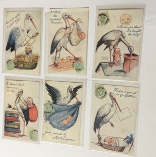 6 Vtg Tuck’s 1907 Postcards Stork And A “new Baby” Artist Signed