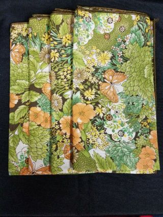 4 Vintage Brown,  Green,  And Peach Floral Cloth Napkins
