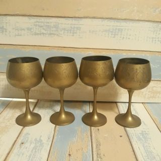 Set Of 4 Vintage Brass Wine Goblet Stemmed Etched Design 6
