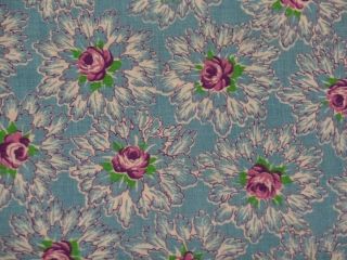 Vintage Feedsack Fabric,  Turquoise Blue,  Starburst With Small Purple Rose Inside