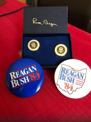 Ronald Reagan Presidential Seal Cuff Links Signature On Back W/ Box & Buttons