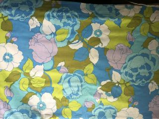 Vintage Thomaston Green Blue Flower Power Full Flat Sheet Mod Fabric