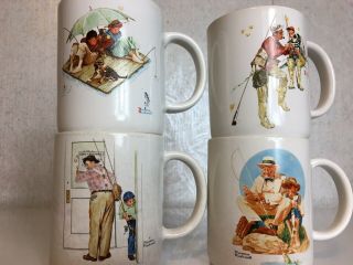 Set Of 4 Vintage Norman Rockwell Coffee Mugs Fishing Theme