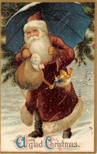 1910 Brown Robe Santa With Umbrella & Toys Glad Christmas Post Card