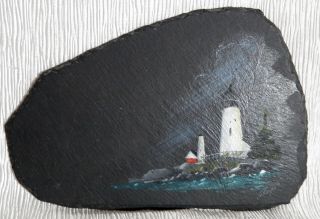 Hand Painted 9 X 6 " Lighthouse Scene On Slate Artist Signed
