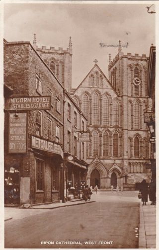 Ripon Cathedral,  West Front With Shops - Lovely Real Photo - National Series