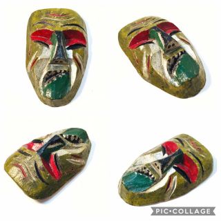 Vintage Boy Scout Neckerchief Slide - Tribal Mask - Hand Carved Painted Wood 60s