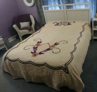 Vintage Pale Pink Chenille Bedspread Queen Size Pretty Flowers W/ Purple Trim
