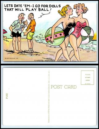 Vintage Postcard By Curt Teich Comic/risque 2 Ladies In Bathing Suits W/balls H5