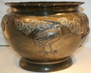 Old Meiji Period Signed Japanese Bronze Vase Jar Jardinière With Cranes,  Large
