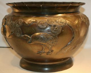Old Meiji Period Signed Japanese Bronze Vase Jar Jardinière with Cranes,  Large 3
