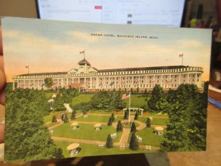 Vintage Old Postcard Michigan Mackinac Island Grand Hotel American Flag Gardens