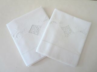 Vintage Pair Pillowcases Cut Work White Embroidery White On White 34¼ " X 20¼ "