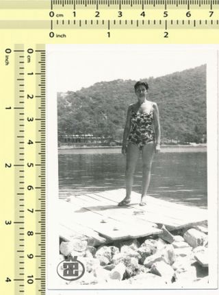 012 Swimsuit Woman,  Swimwear Lady Pose On Beach Dock Old Photo
