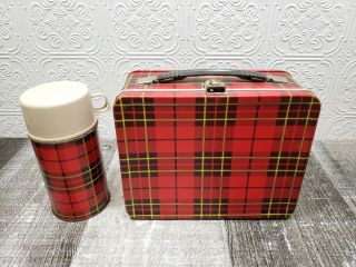 Vintage Red Plaid Metal Lunch Box & Thermos 1964 King - Seeley