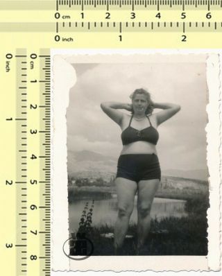 013 Busty Bikini Woman Hairy Armpits,  Swimwear Lady Beach Old Photo