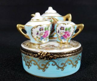 F.  M.  Limoges France Trinket Box With Miniature Tea Set With Cups Inside