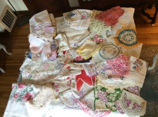 10,  Lbs Vintage Cutter Linens Doilies Runners Hankies Tablecloth Embroidery