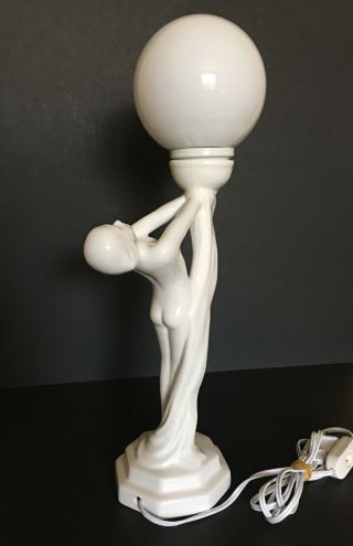Art Deco Style Lamp - White Ceramic Nude Woman W/milk Glass Globe - 17 " Tall