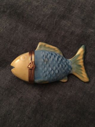 Very Rare Limoge Fish Yellow And Blue With Sailboat Clasp.  In Pristine Cond