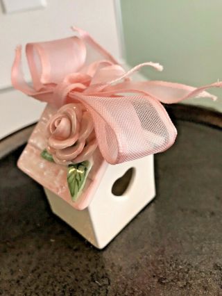 Mud Pie Mini Bird House With Pink Rose Signed 1998