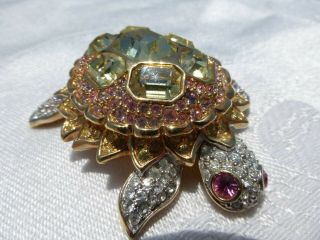 Colorful Crystal Turtle Brooch Pin Detailed By Swarovski Signed