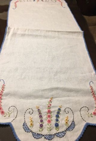 Linen Runner Table Cover Hand Embroidered Flowers Laced Edge