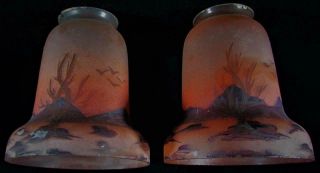 2 Antique Chandelier Pendant Lamp Shades 2 1/4 " Rim Orange & Brown Paint