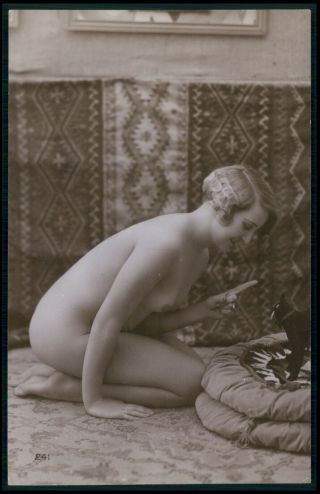 French Nude Woman With Her Toy Cat Old 1920s Photo Postcard
