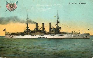Postcard U S Navy Battleship " Kansas " - In 1908 - Great White Fleet